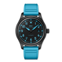 Wristwatch with blue strap and black dial on a white background