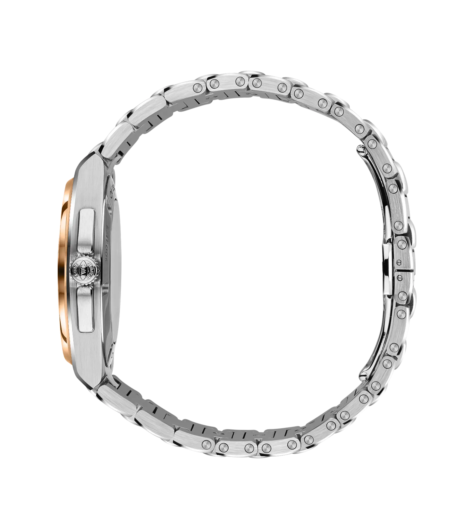 Silver and rose gold automatic watch with articulated metal bracelet, displayed at side profile angle.