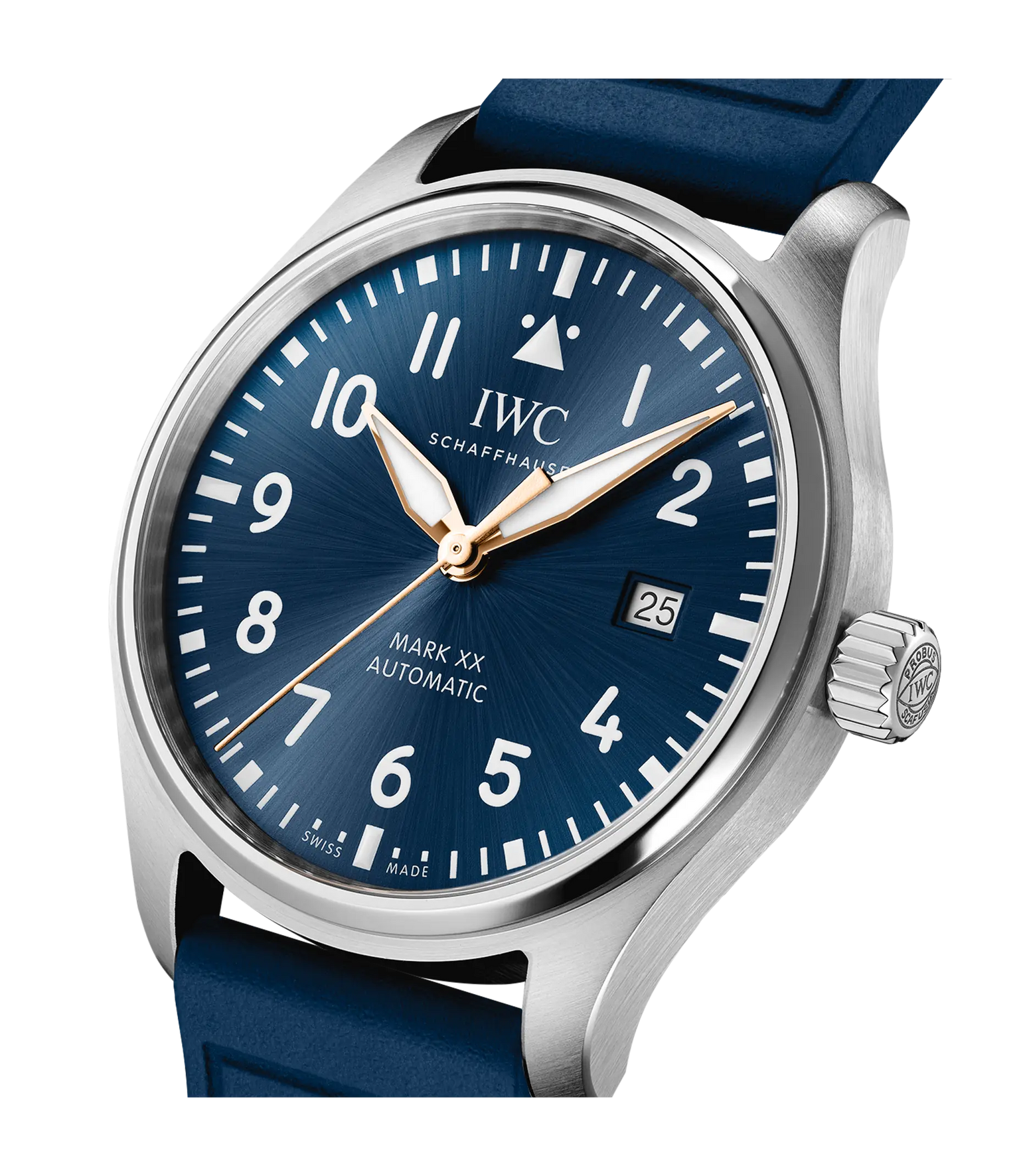 Stainless steel pilot's watch with dark blue dial, white numerals, date window, and blue leather strap.