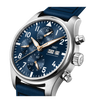 Silver chronograph watch with blue dial, arabic numerals, date window, and blue leather strap.