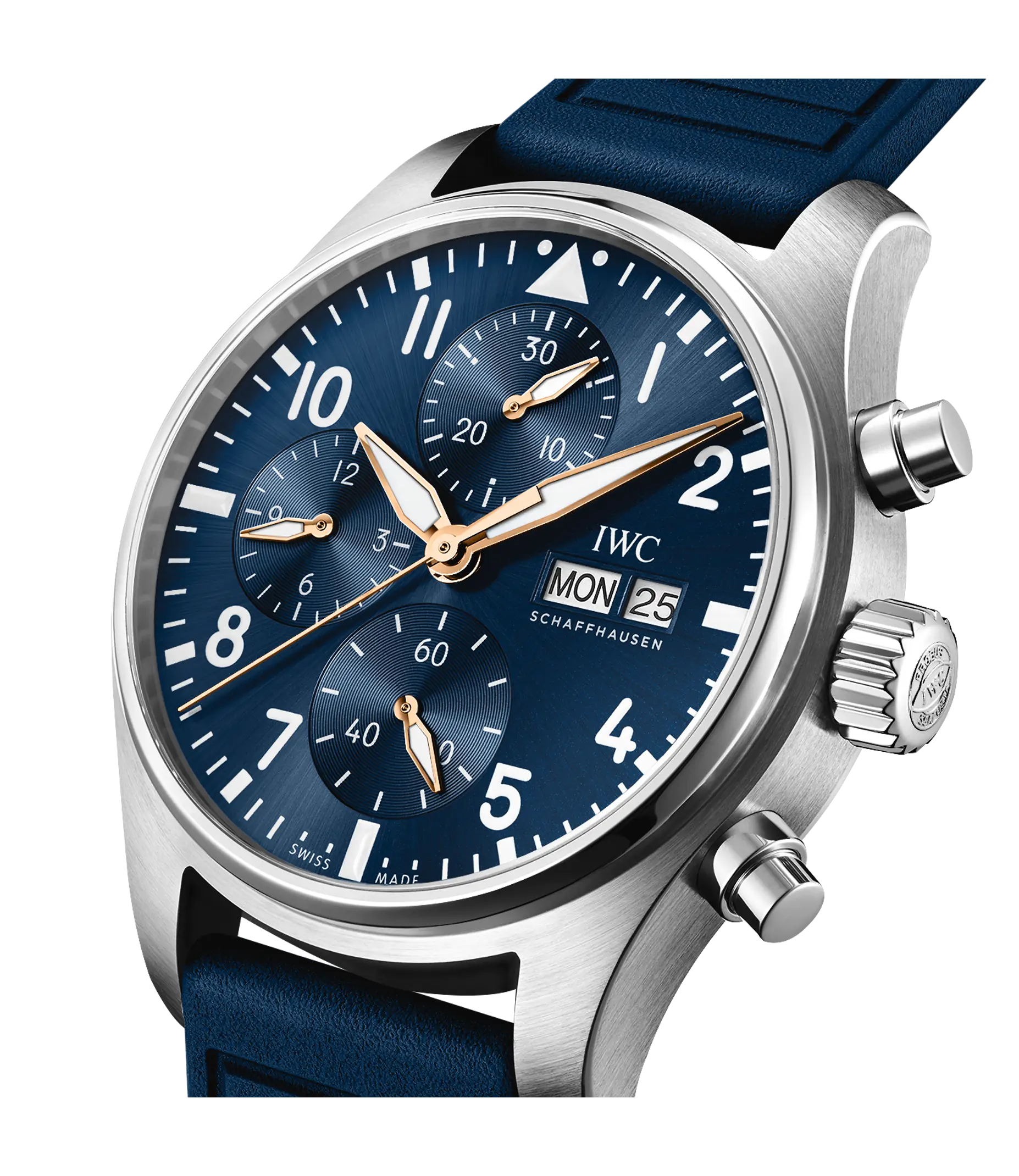 Silver chronograph watch with blue dial, arabic numerals, date window, and blue leather strap.