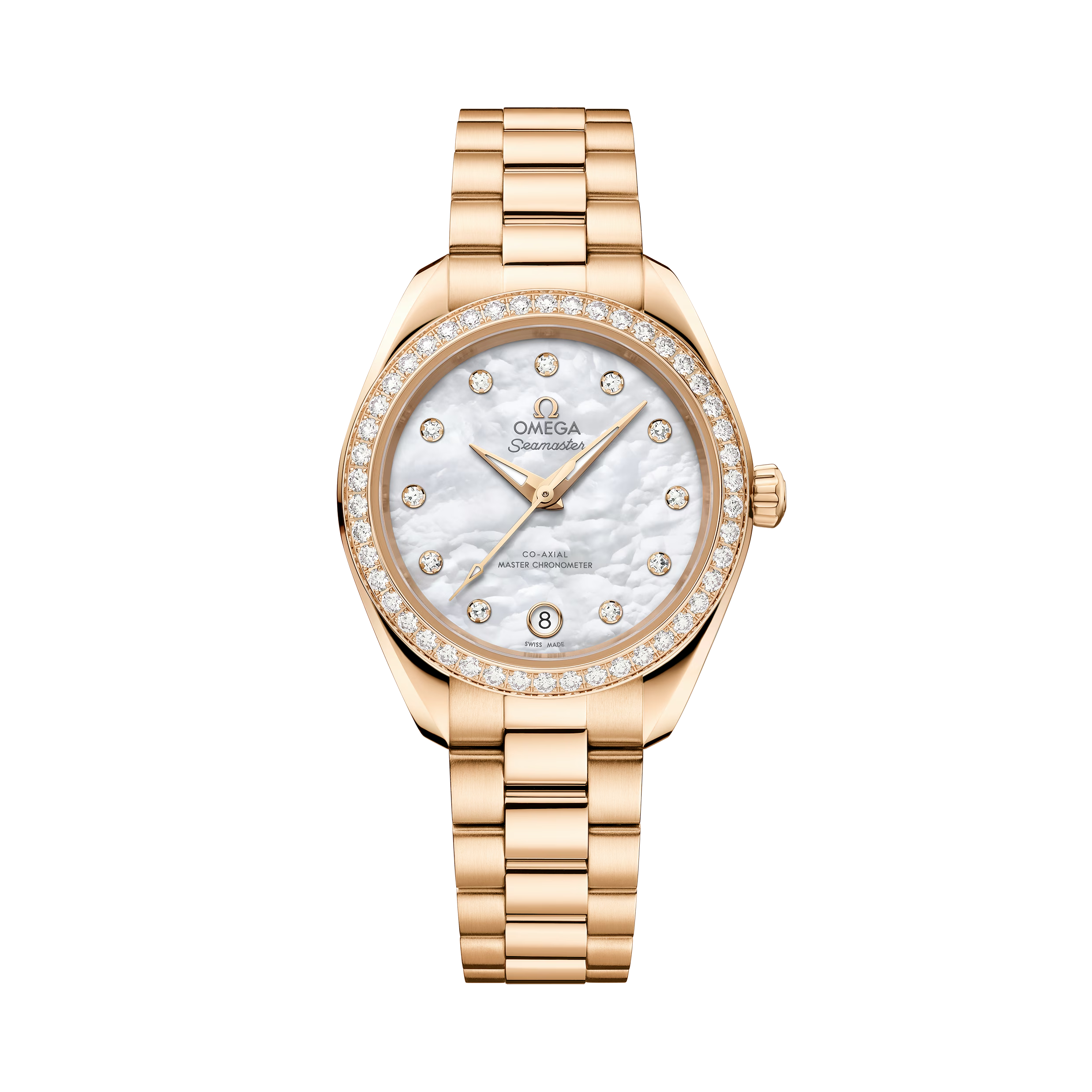 OMEGA Seamaster Aqua Terra 150M 30mm, Moonshine™ gold on Moonshine™ gold Watch, with a Diamond Bezel and Mother-of-Pearl Dial with Diamond Markers on a Moonshine™ gold integrated bracelet.