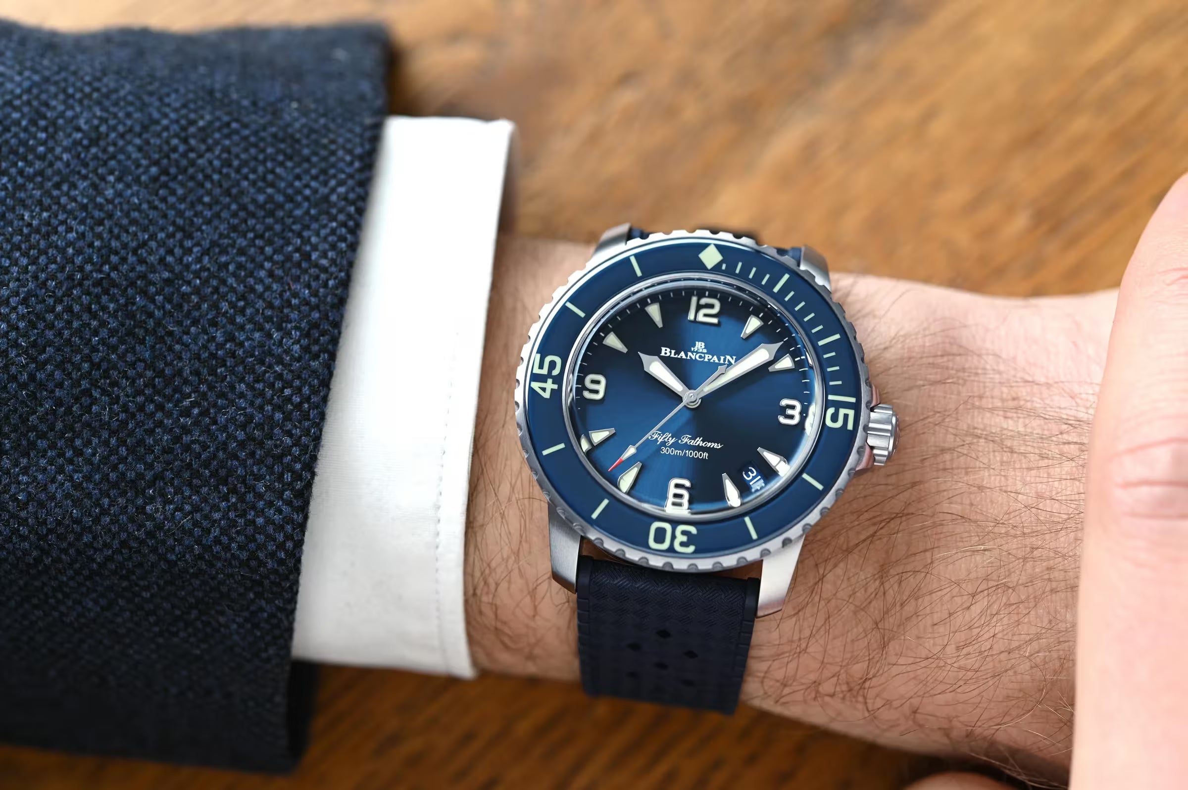 Fifty Fathoms Automatique | 42.3mm, Sunburst Blue Dial, Satin-Brushed Titanium Strap