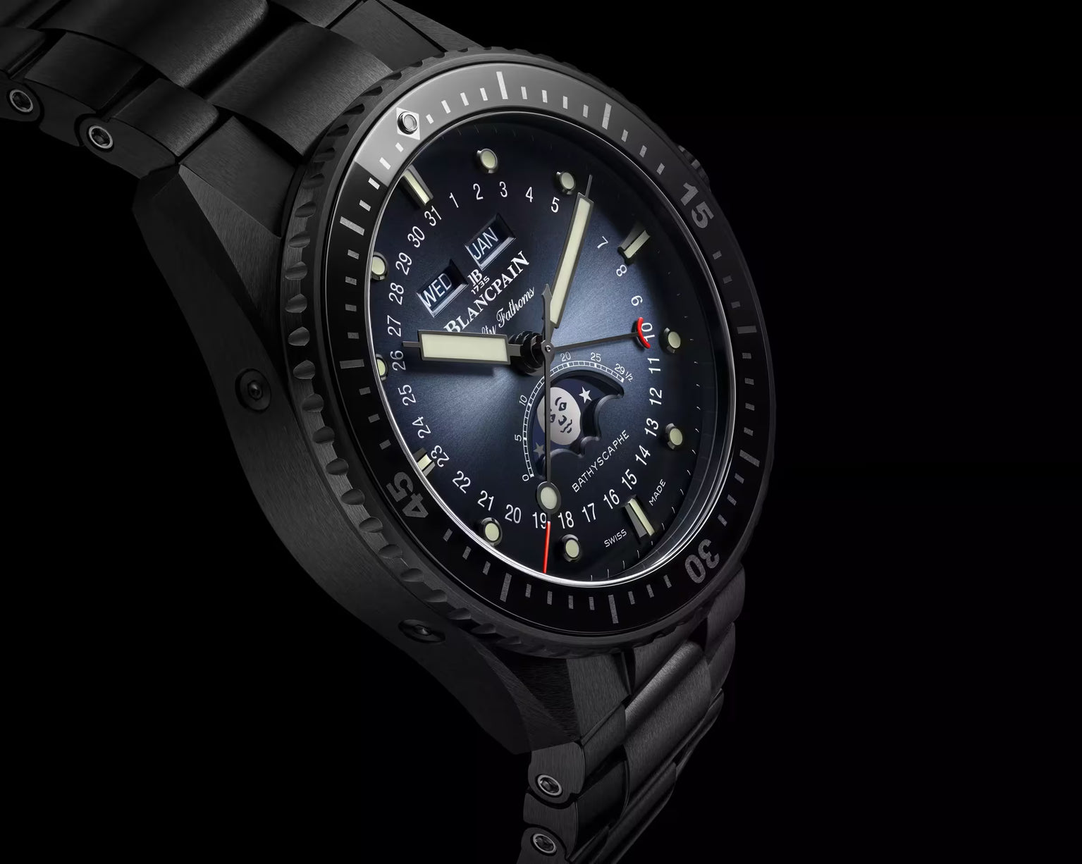 Bathyscaphe Quantième Complet Phases de Lune | 43.6mm, Sunburst Gradient Blue Dial, Sail-Canvas Strap