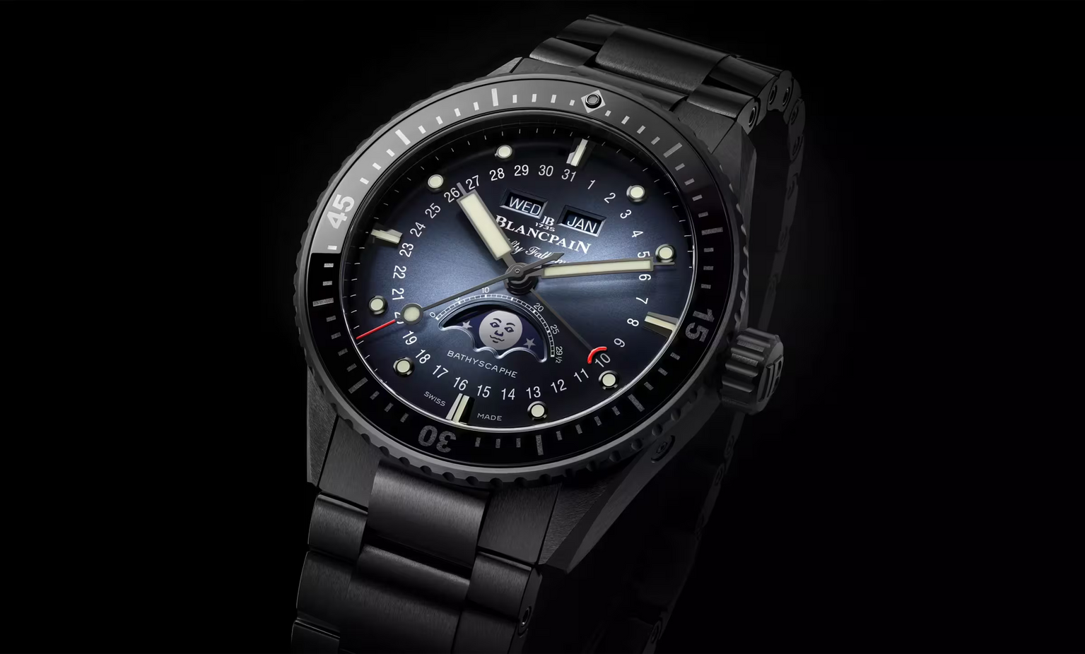 Bathyscaphe Quantième Complet Phases de Lune | 43.6mm, Sunburst Gradient Blue Dial, Sail-Canvas Strap