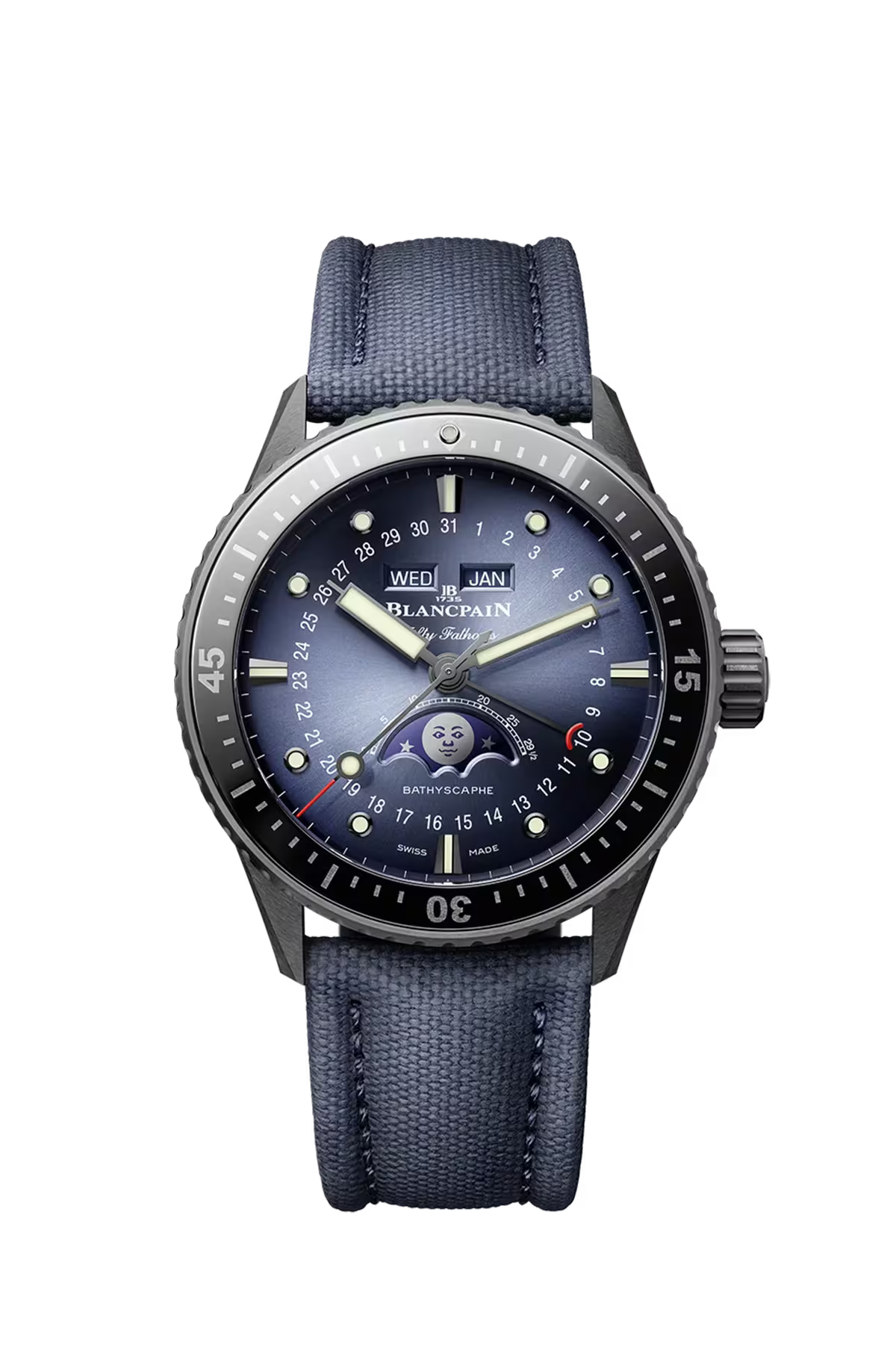 Bathyscaphe Quantième Complet Phases de Lune | 43.6mm, Sunburst Gradient Blue Dial, Sail-Canvas Strap