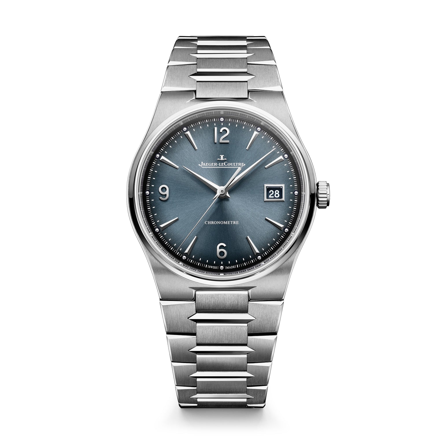 Stainless steel watch with blue dial, date window, Arabic numerals, and matching metal bracelet.
