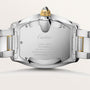 Back view of Cartier Roadster watch with stainless steel two-tone bracelet and engraved case back.