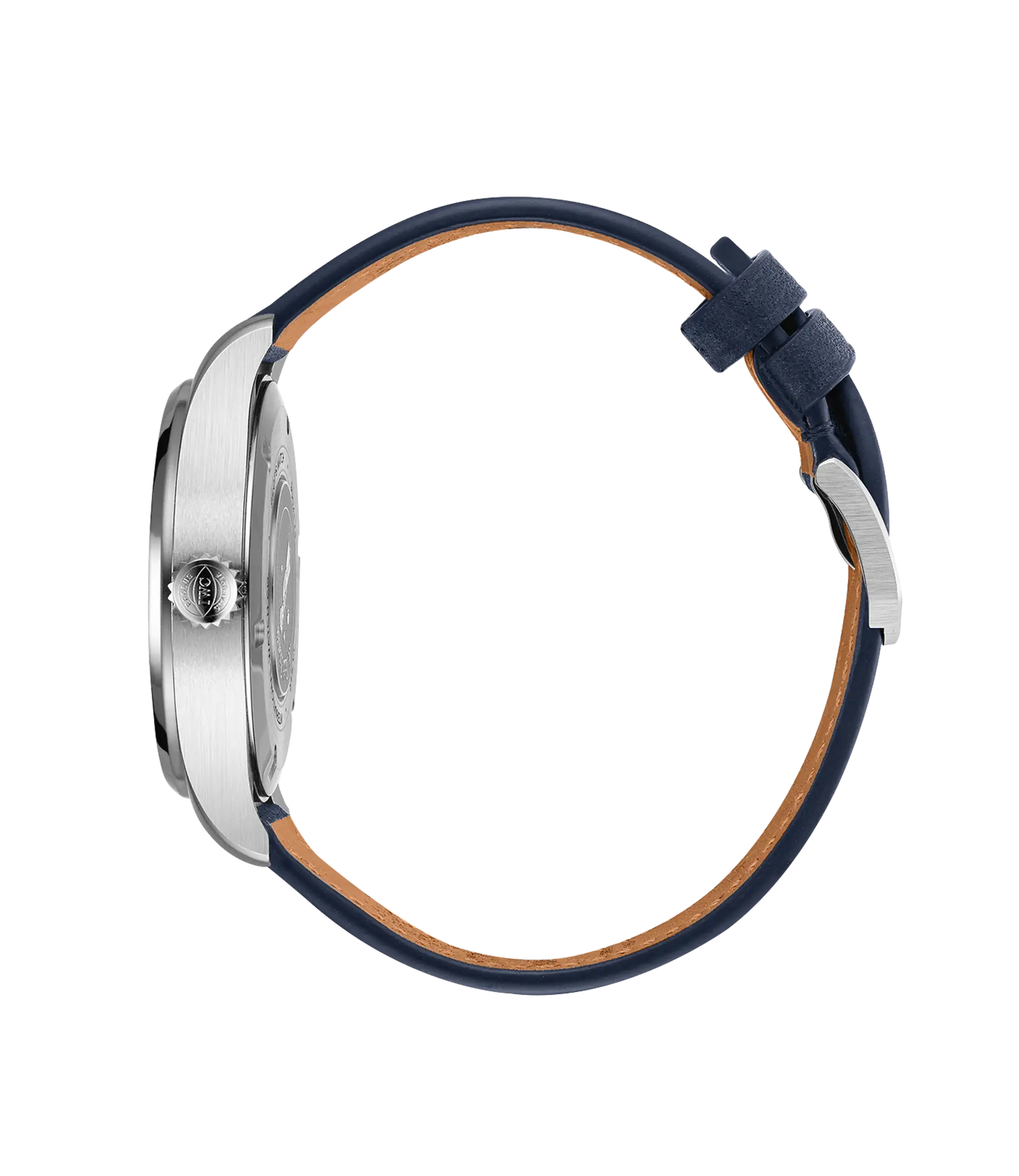 Silver-toned round watch with white dial, dark blue leather strap with tan interior, and buckle closure.