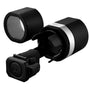 Black cylindrical device with white band, transparent lens, and black control unit attached to mounting bracket.