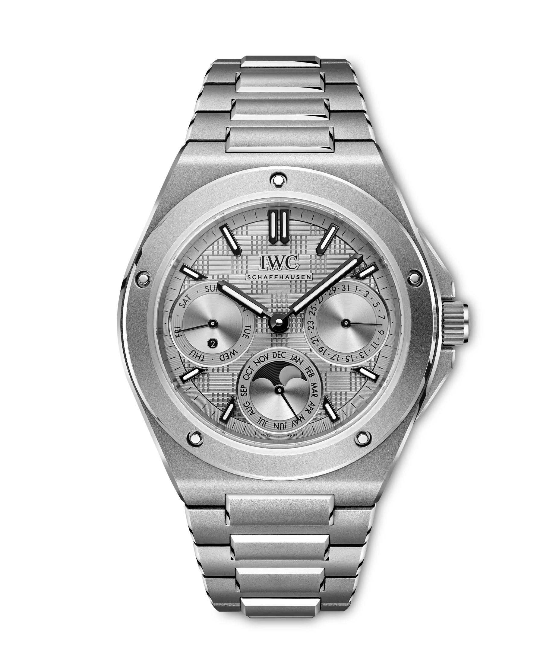 IWC Ingenieur Perpetual Calendar 41 stainless steel watch with silver dial, moon phase subdial, and integrated metal bracelet