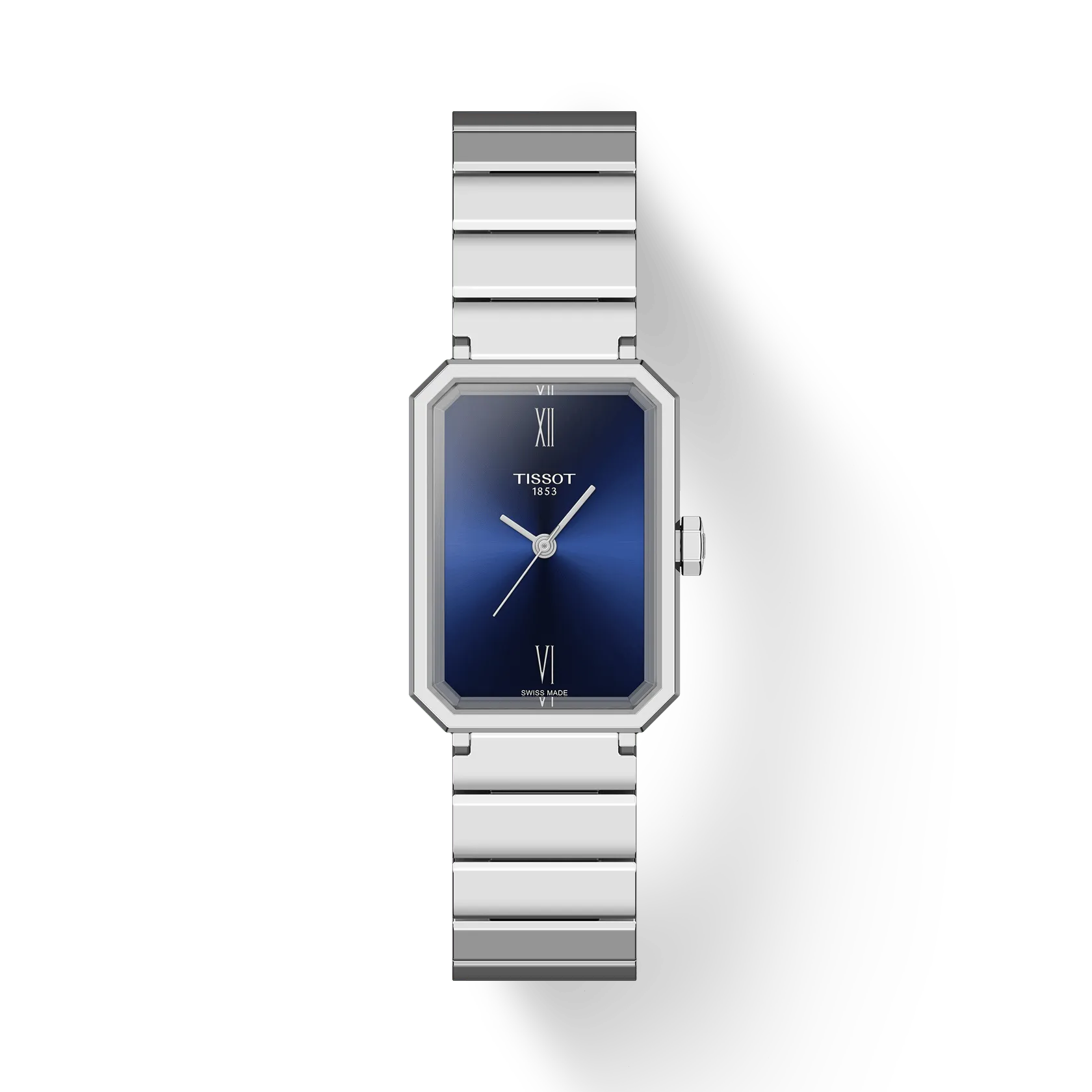 The Tissot SRV 30 is a silver Art Deco watch with a rectangular blue gradient dial, silver Roman numerals at 6 and 12 o’clock, a silver metal link band, and a sapphire rectangle crystal, displayed on a plain white background.