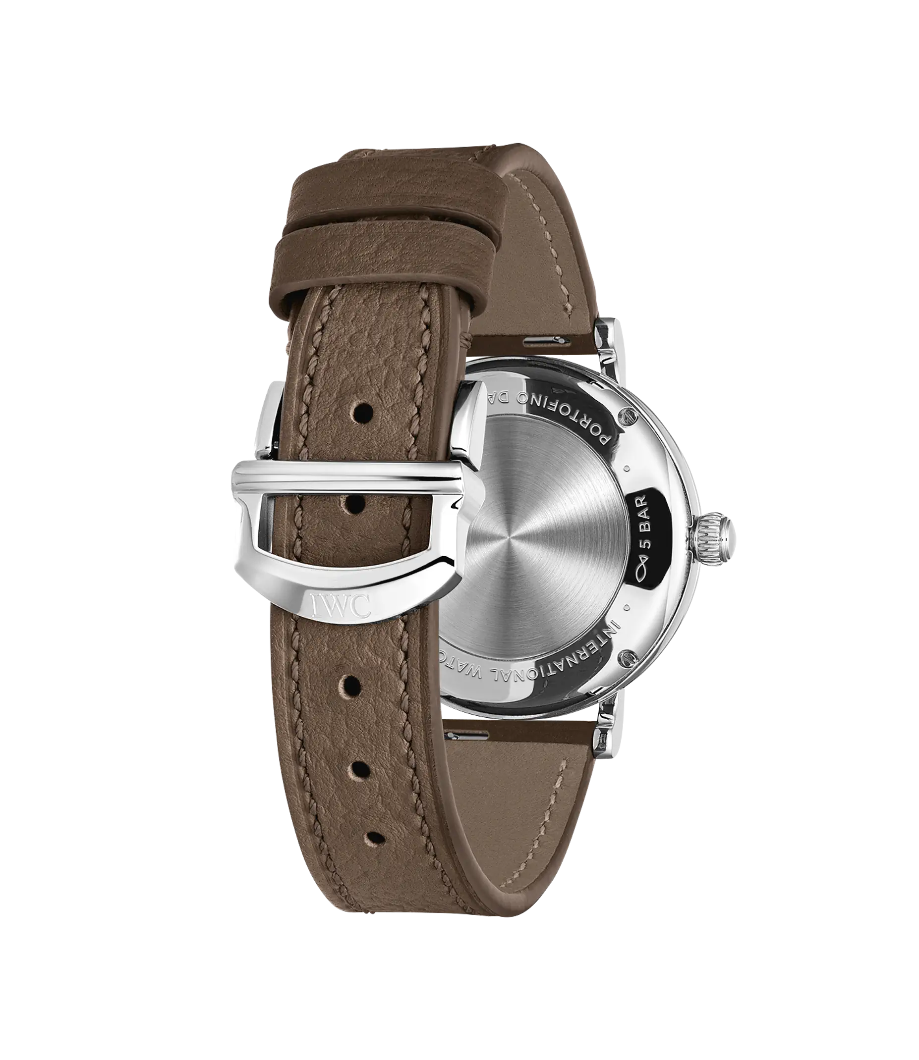 Silver-tone watch with round dial, taupe leather strap, and visible caseback showing water resistance rating.