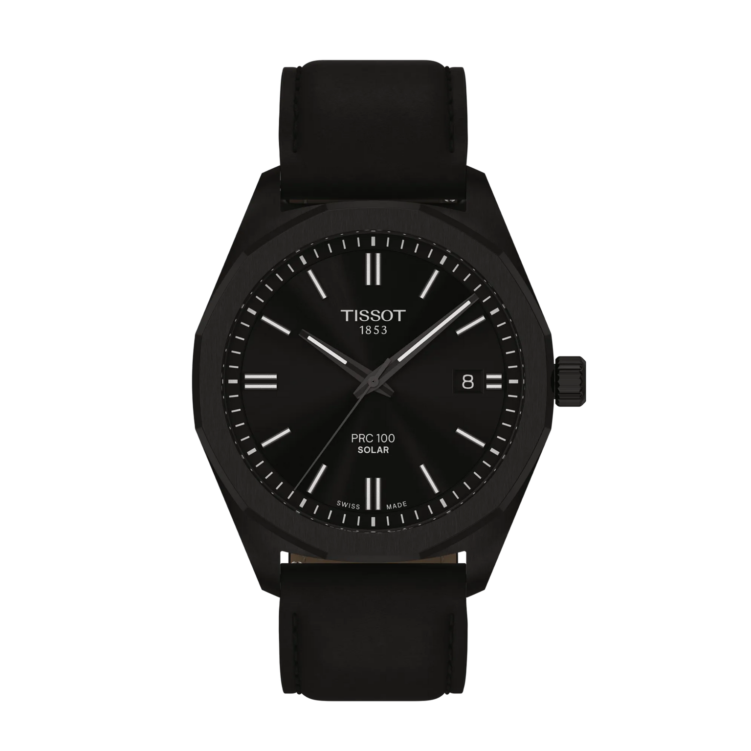 Black Tissot watch with a black strap on a white background