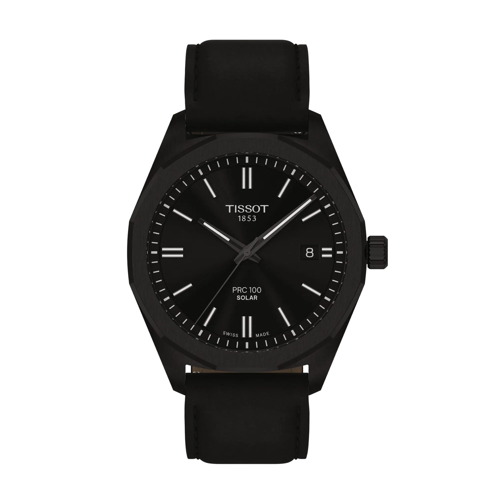 Black Tissot watch with a black strap on a white background