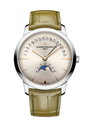 Vacheron Constantin stainless steel watch with cream dial, moon phase subdial, date window, and olive green crocodile leather