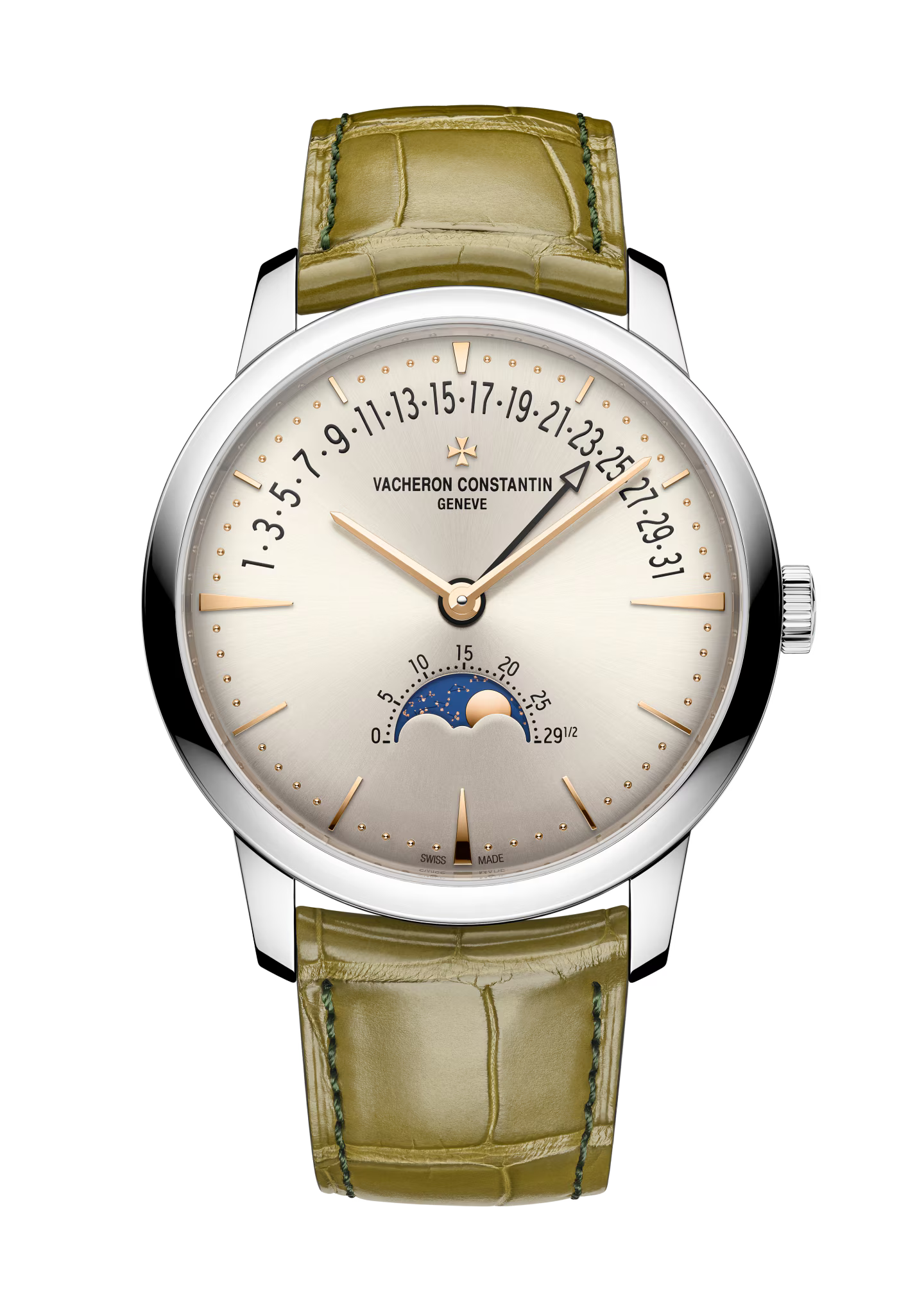 Vacheron Constantin stainless steel watch with cream dial, moon phase subdial, date window, and olive green crocodile leather