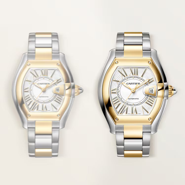 Two-tone stainless steel and gold Cartier Roadster watches with barrel-shaped cases, Roman numeral dials, and matching bracel