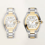 Two-tone stainless steel and gold Cartier Roadster watches with barrel-shaped cases, Roman numeral dials, and matching bracel