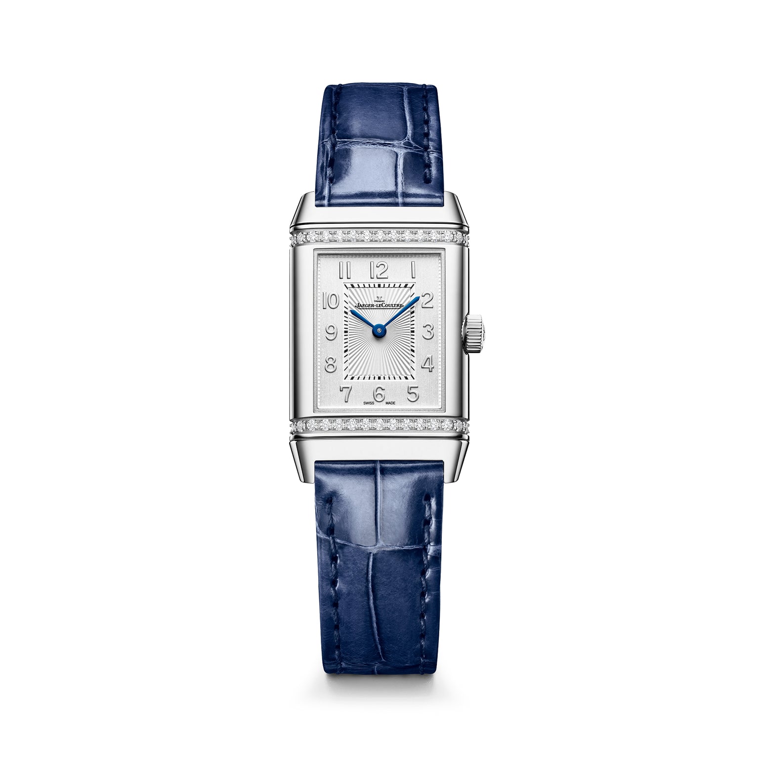Silver rectangular watch with diamond-set bezel, silver dial with Arabic numerals, blue hands, and blue crocodile leather str