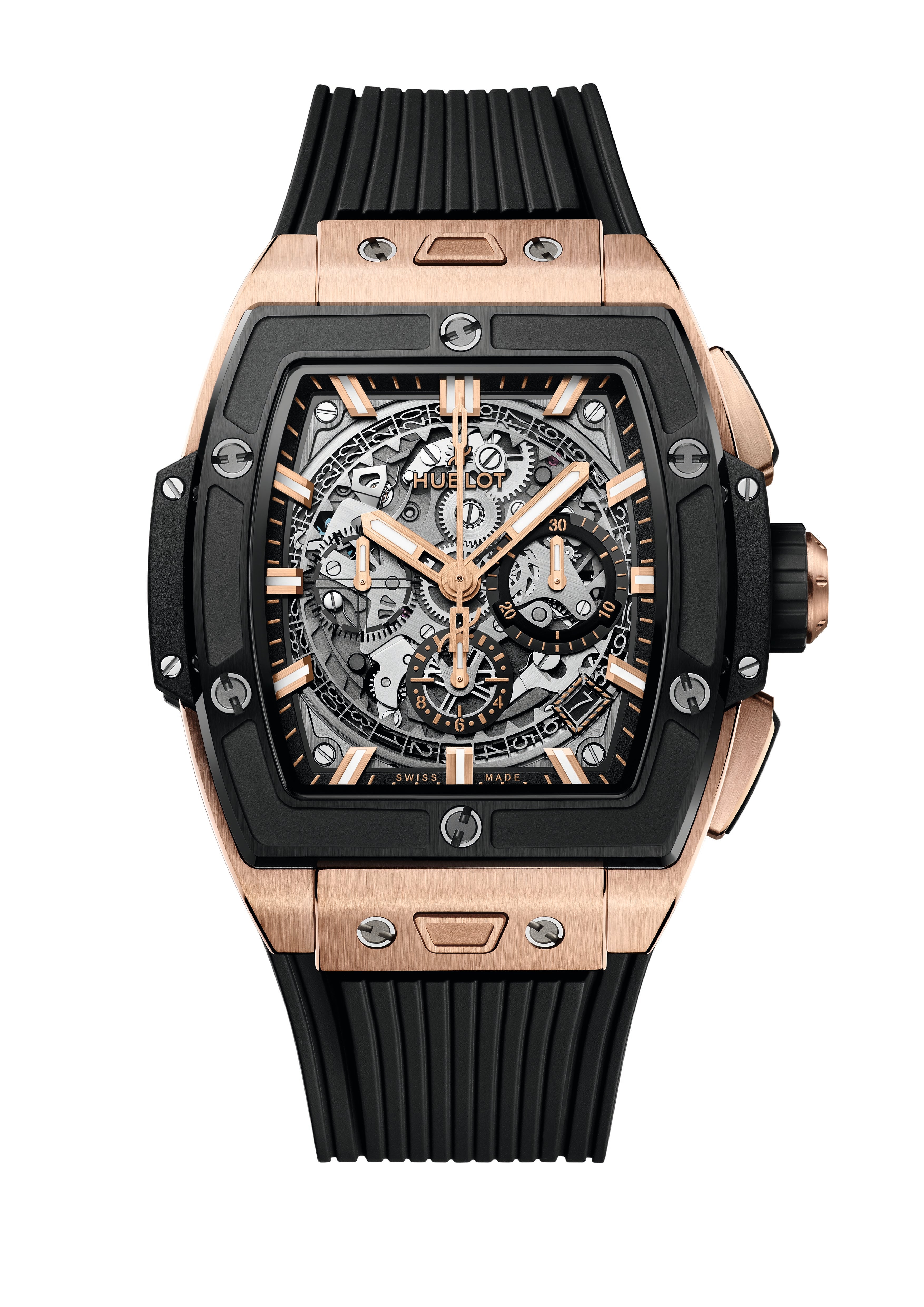 The Hublot Spirit Of Big Bang King Gold Ceramic is a luxury skeleton dial watch featuring a black rubber strap and a rose gold and black rectangular case.