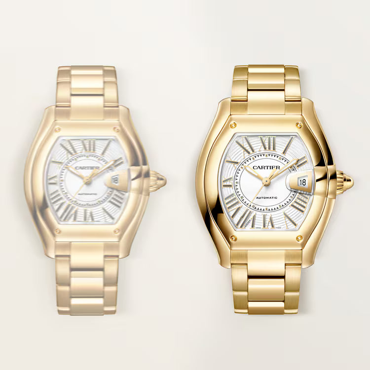 Two gold-toned Cartier Roadster watches with white dials, Roman numerals, and matching metal bracelets displayed side by side