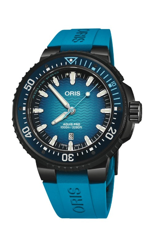 Blue Oris watch with a white face on a white background