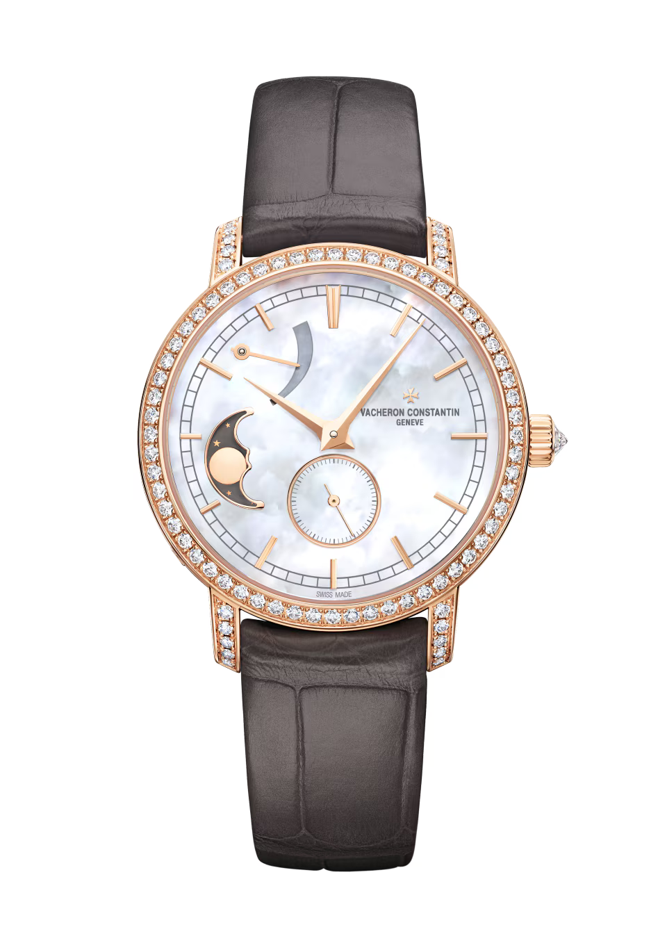 Rose gold watch with white mother-of-pearl dial, moon phase display, power reserve indicator, diamond bezel, and black leathe