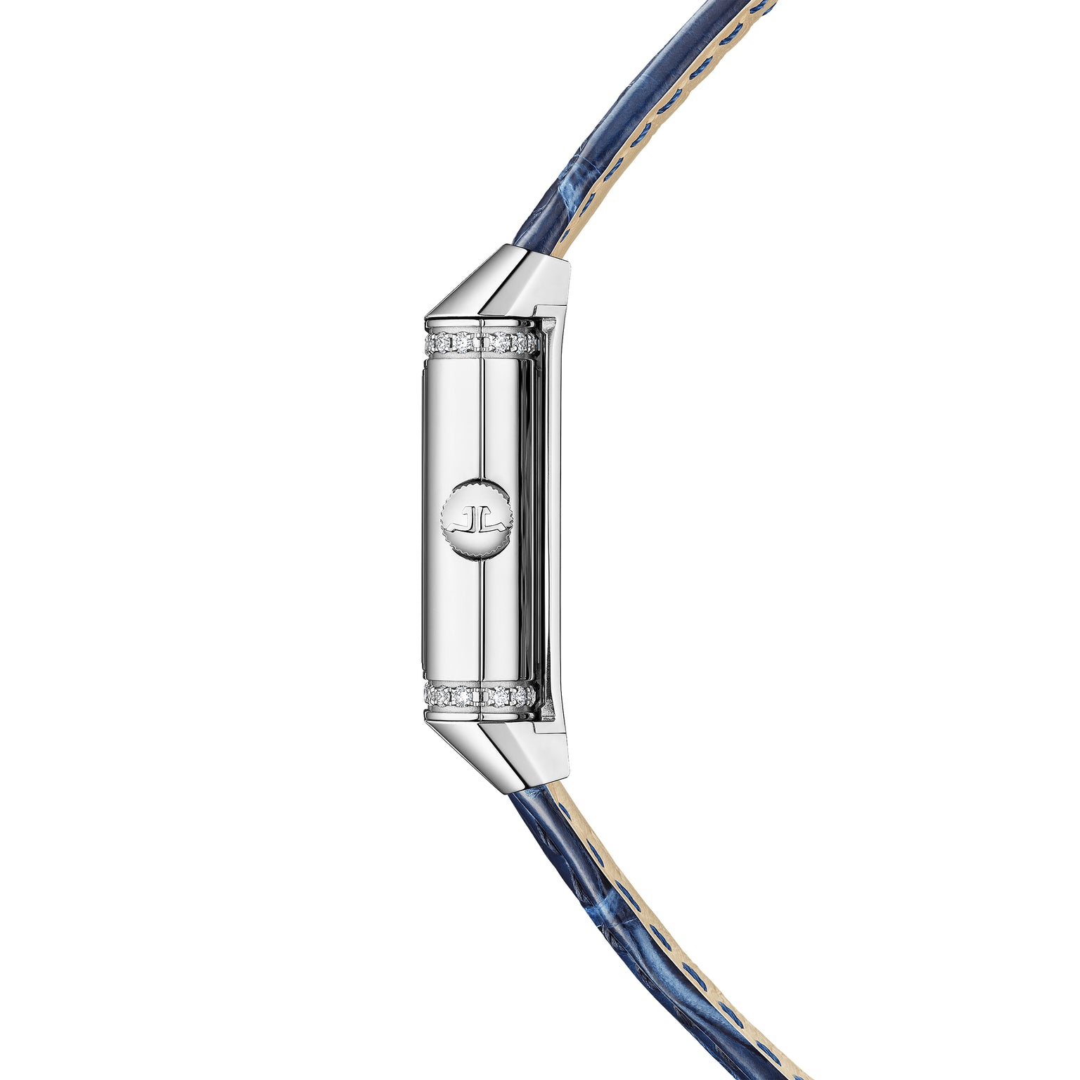 Reverso Classic Duetto watch with rectangular silver case, diamond bezels, and blue leather strap.