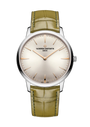 Silver-tone watch with cream dial, rose gold hands and hour markers, green crocodile leather strap.
