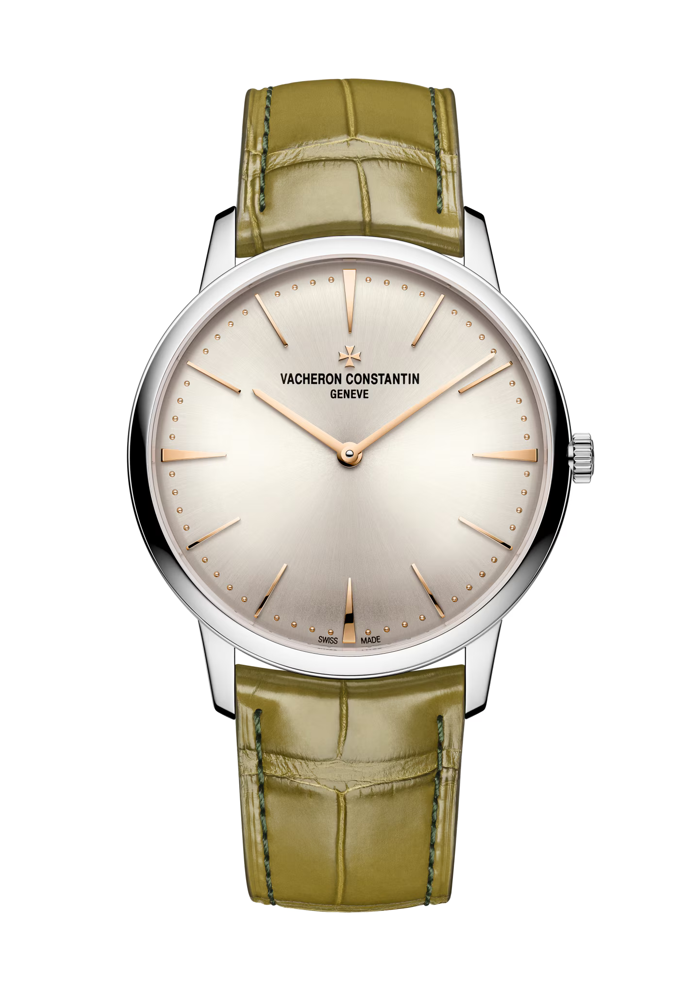 Silver-tone watch with cream dial, rose gold hands and hour markers, green crocodile leather strap.