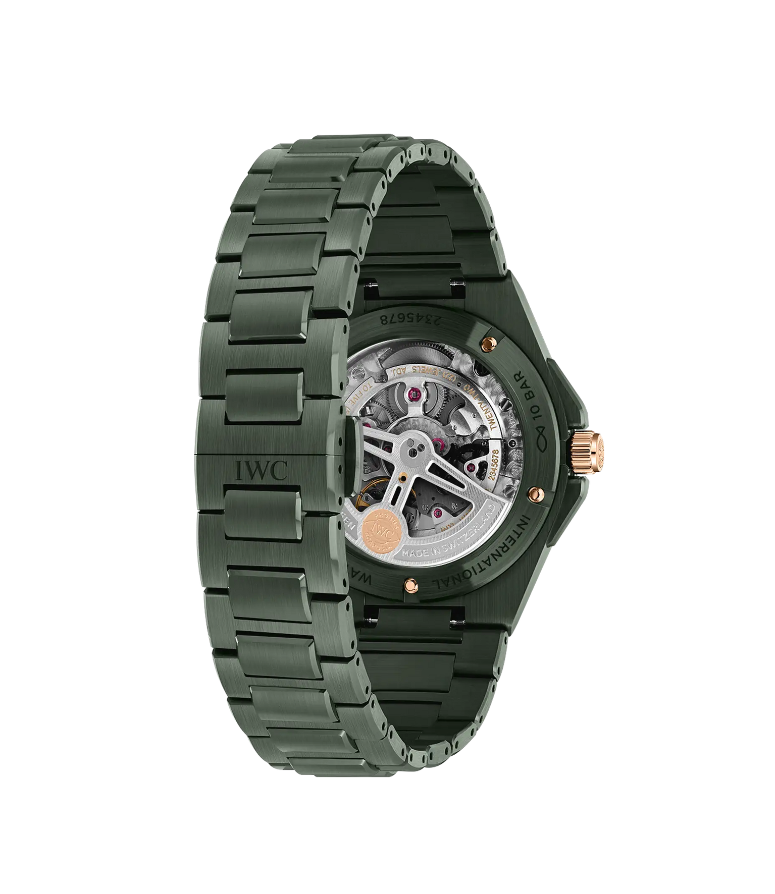 Green ceramic watch with exposed skeleton dial, rose gold accents, and matching bracelet displayed at an angle.