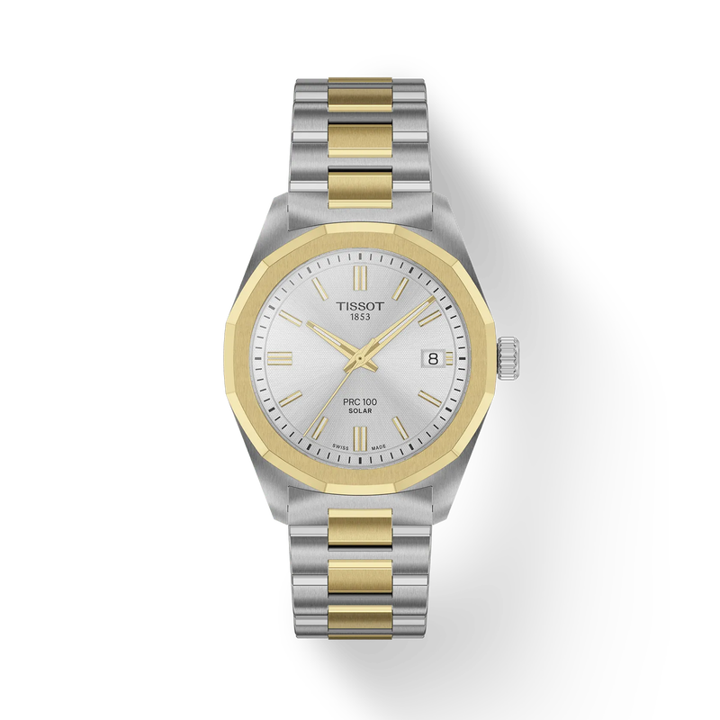 Two-tone watch with silver and gold band on a white background, featuring Tissot branding.