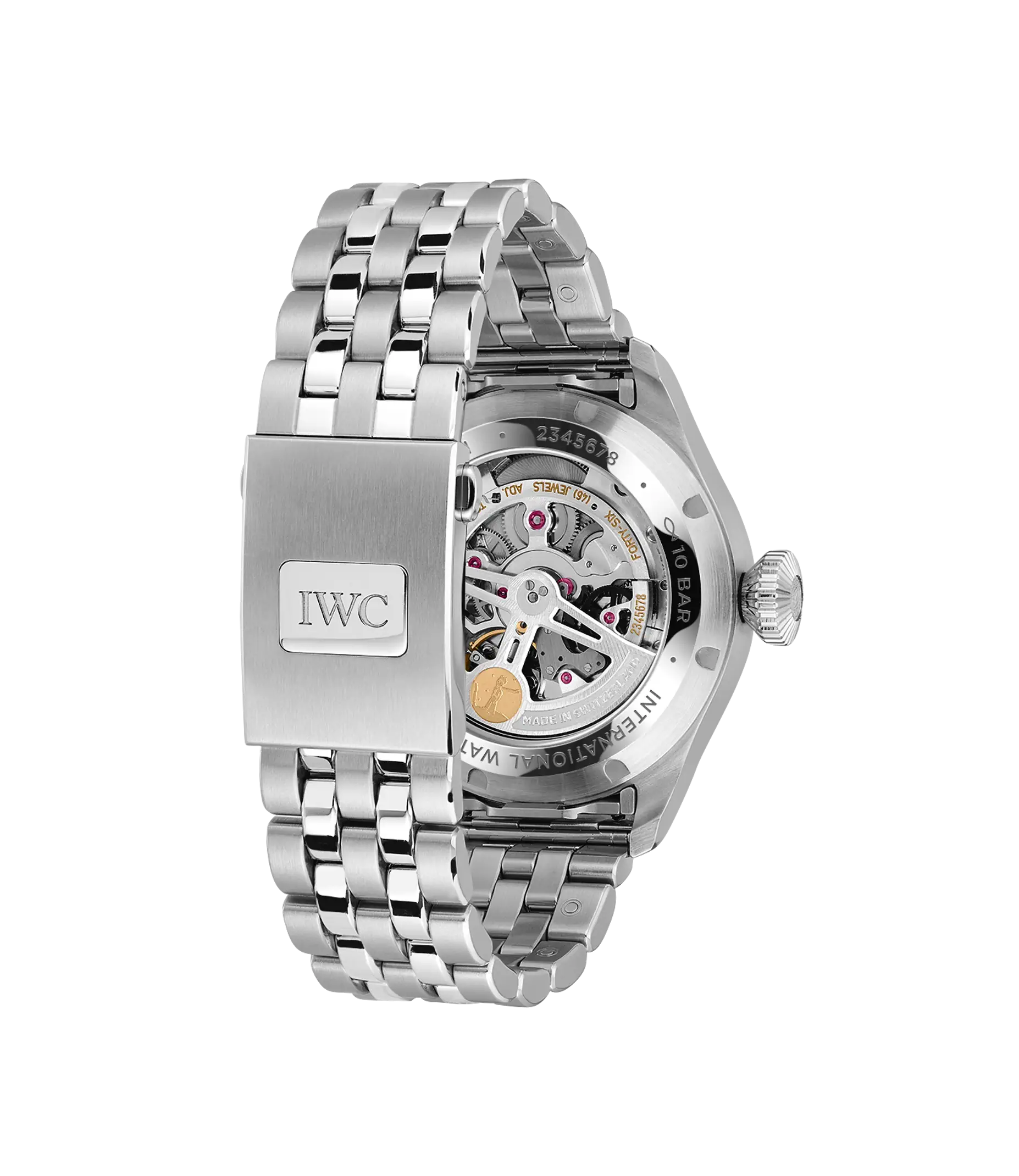 Stainless steel watch with three-link bracelet, transparent caseback displaying mechanical movement, and skeletonized dial wi