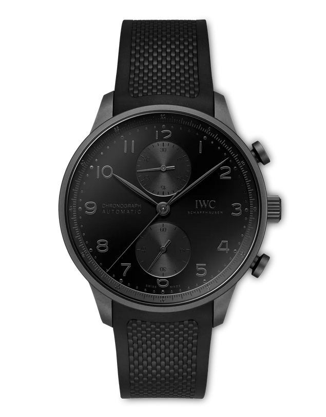 Black IWC watch with detailed face on a white background