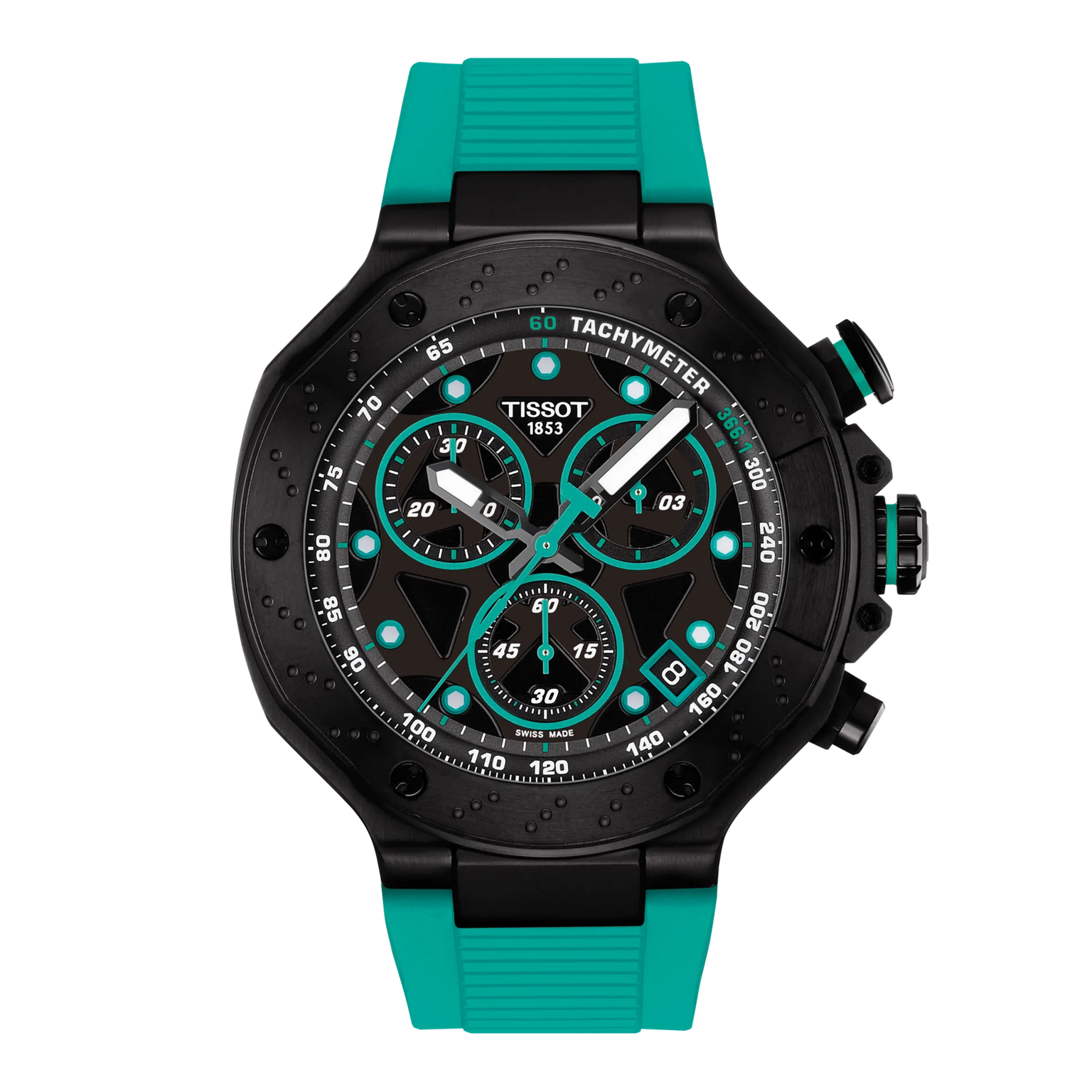 Tissot watch with black case and teal rubber strap on a white background