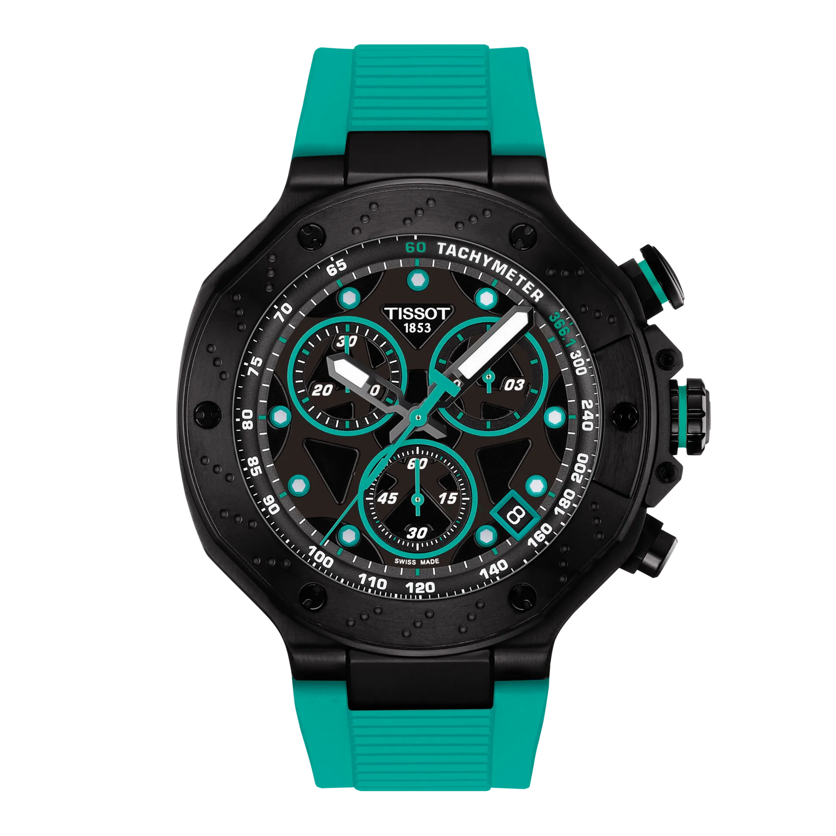 Tissot watch with black case and teal rubber strap on a white background