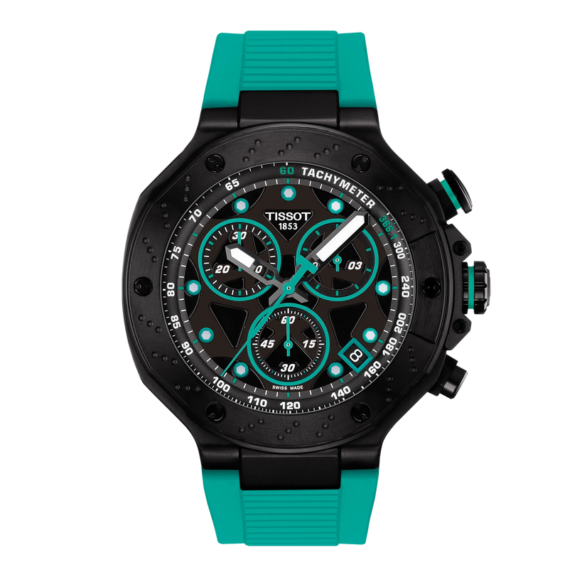 Tissot watch with black case and teal rubber strap on a white background