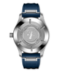Stainless steel pilot's watch with white dial, blue rubber strap, and engraved caseback featuring Le Petit Prince illustratio