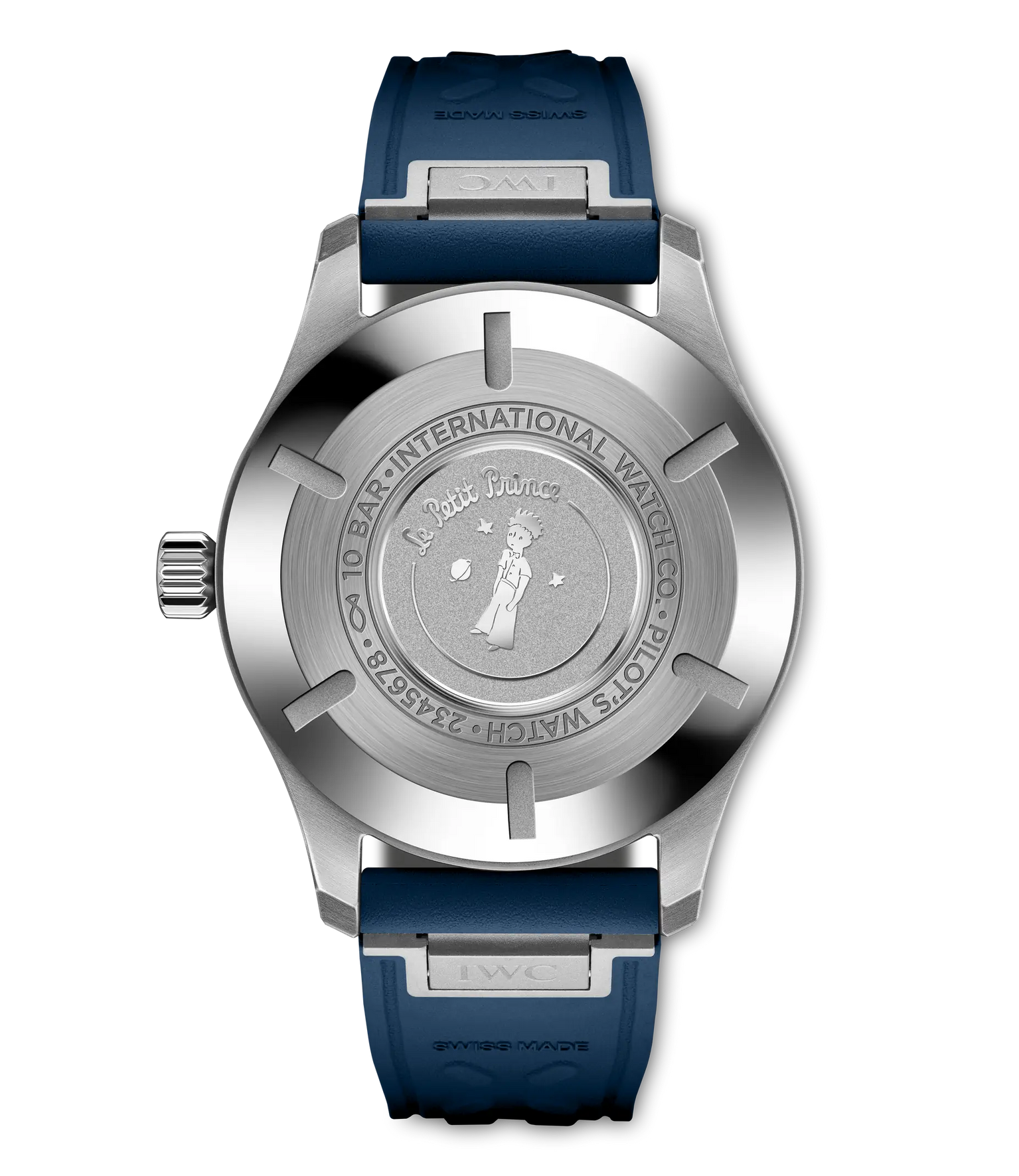Stainless steel pilot's watch with white dial, blue rubber strap, and engraved caseback featuring Le Petit Prince illustratio