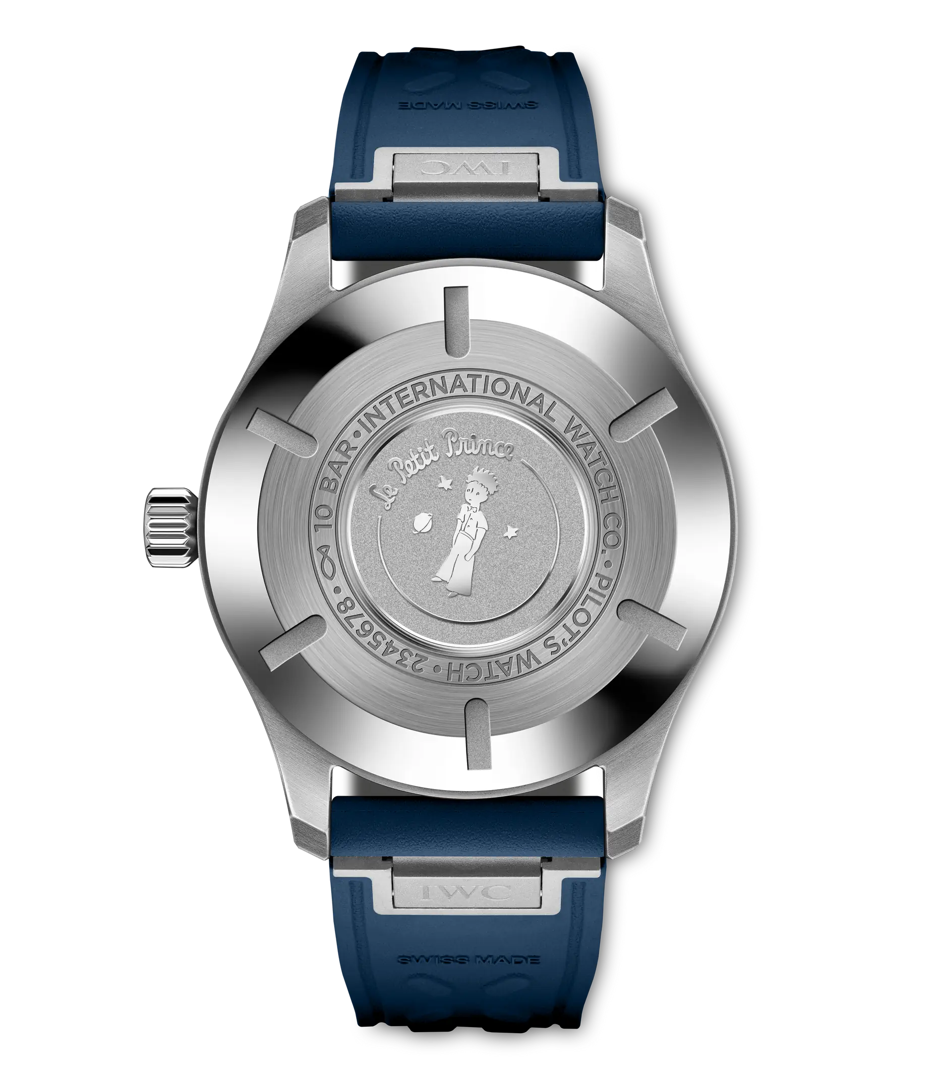 Stainless steel pilot's watch with white dial, blue rubber strap, and engraved caseback featuring Le Petit Prince illustratio