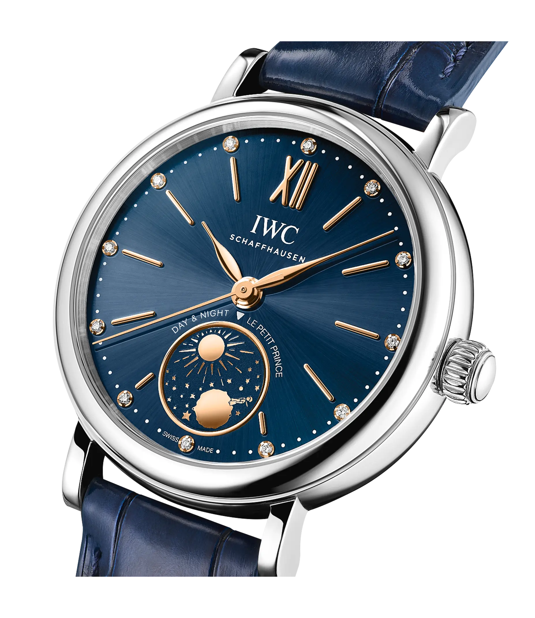Silver-cased watch with blue dial, rose gold hands and hour markers, diamond indices, day-night subdial, and blue leather str