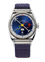 Steel watch with blue dial, colorful hands, smiley face, and dark blue textile strap.