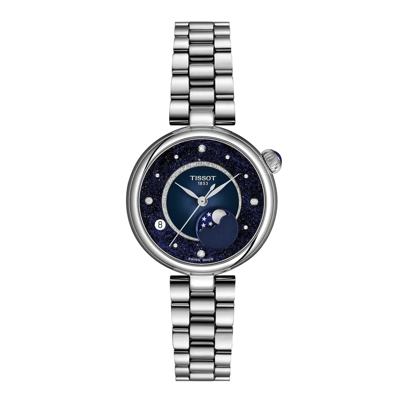 Stainless steel women's watch with dark blue dial, moonphase indicator, diamond hour markers, and linked metal bracelet.