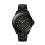 Black Chanel watch with gold accents on a white background
