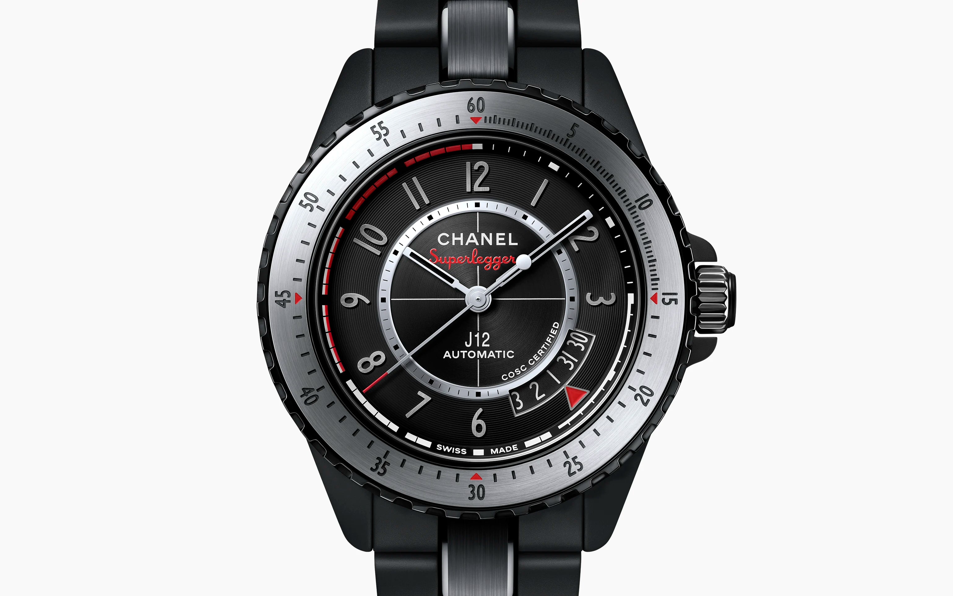 Chanel watch with black strap and detailed face on a white background