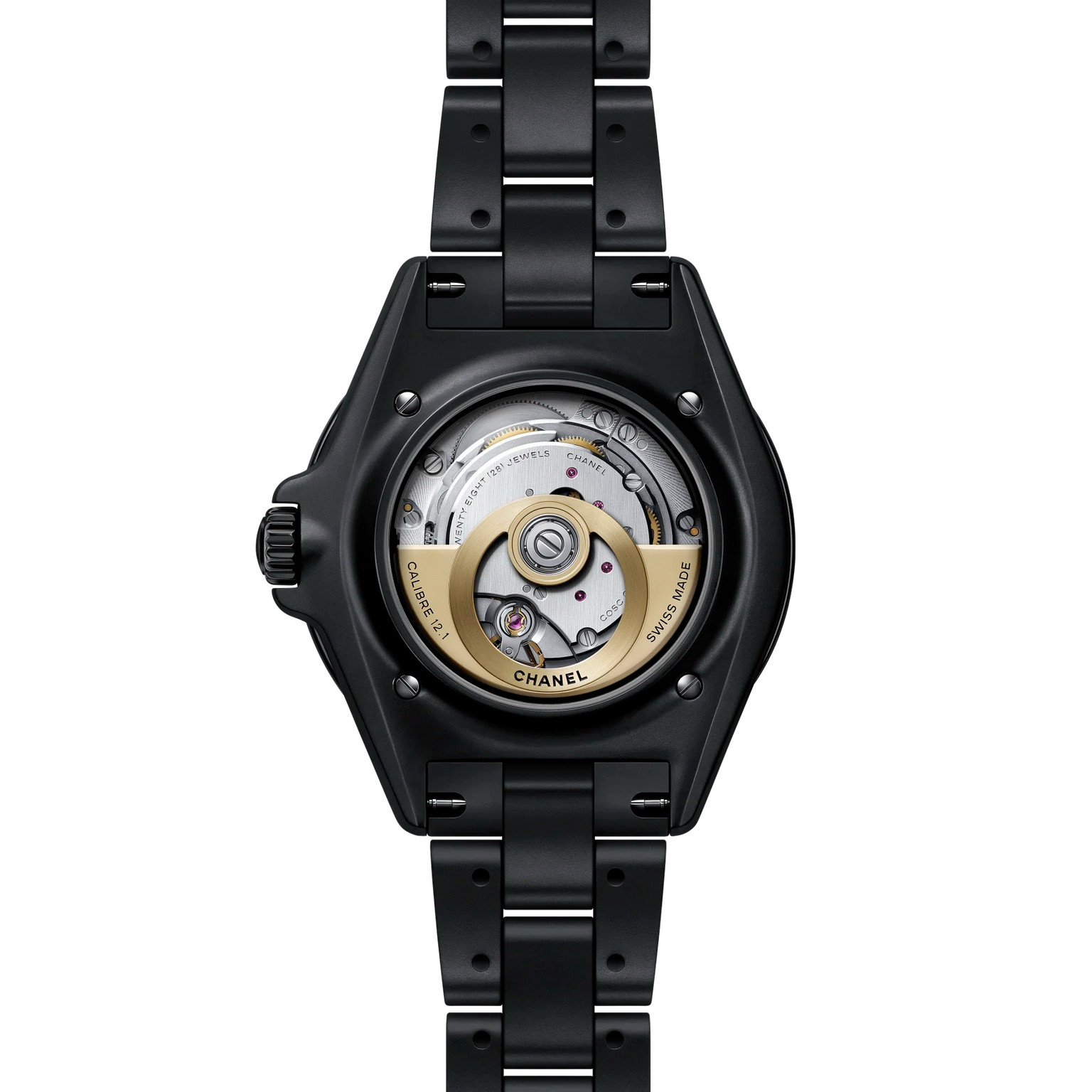 Black Chanel watch with open face design on a white background