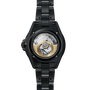 Black Chanel watch with open face design on a white background