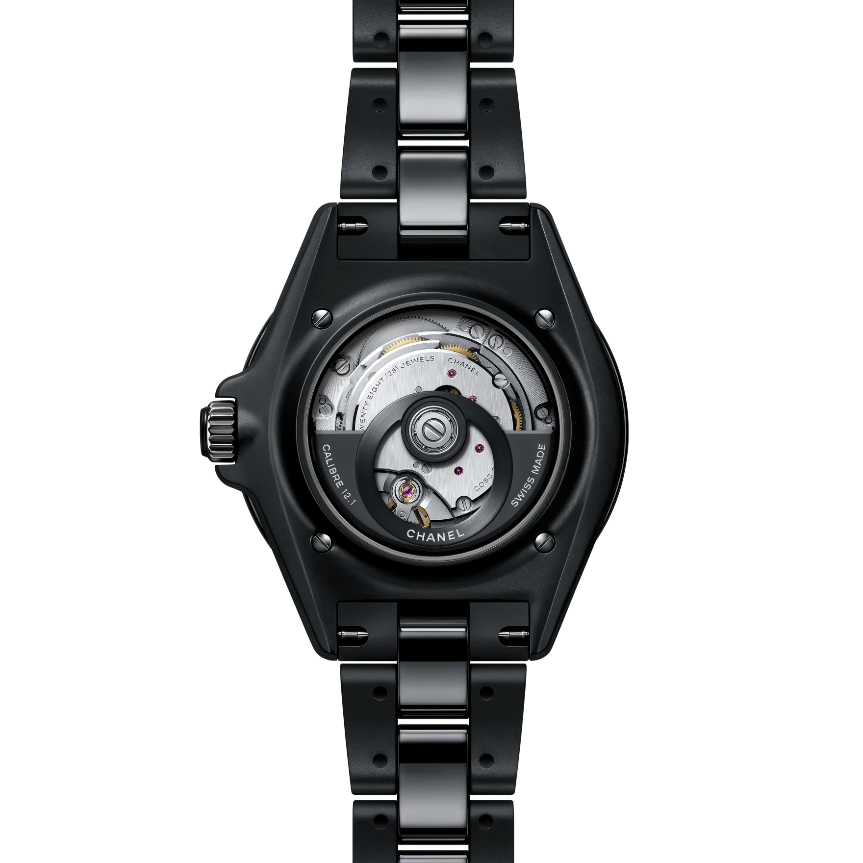 Black Chanel watch with mechanical components on a white background