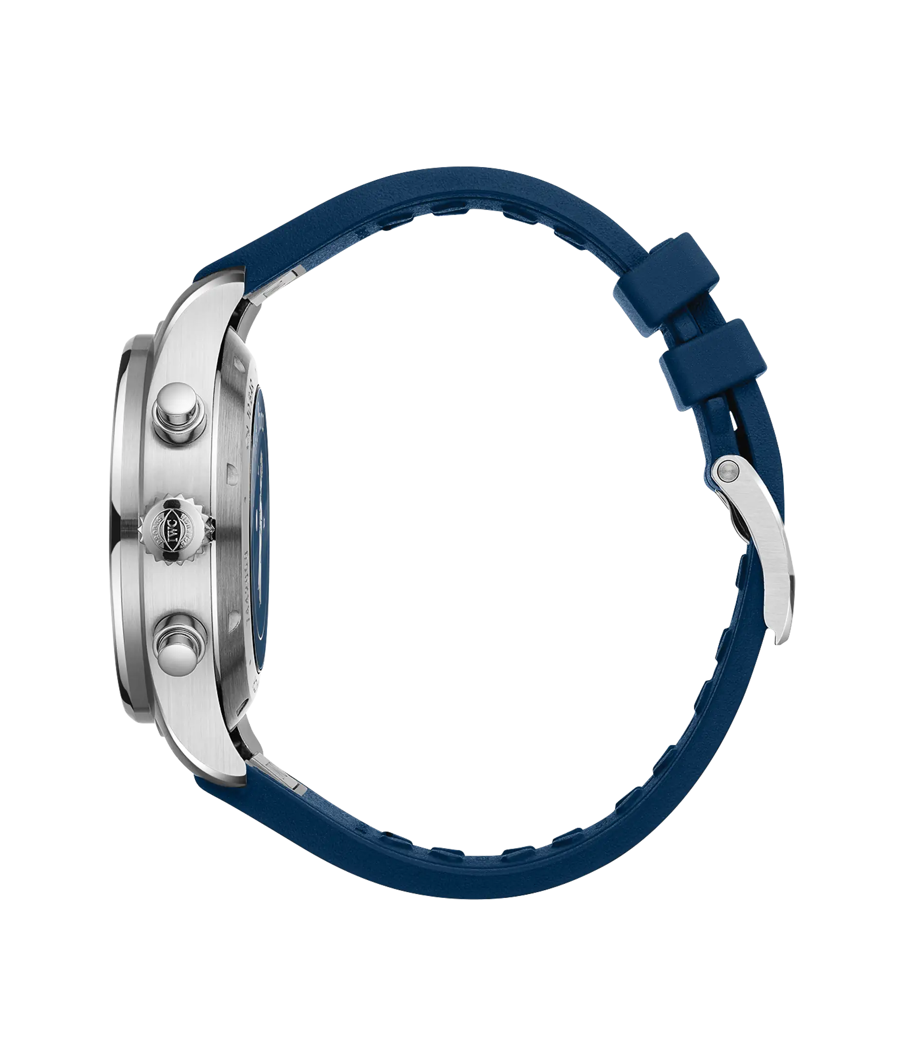 Stainless steel chronograph watch with dark blue dial and blue rubber strap, shown from the side.